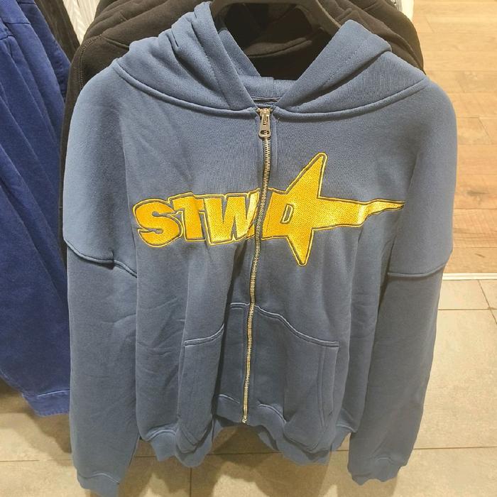 Hoodie Pull and Bear Stwd Ritsleting Original Biru Grafik Bordir