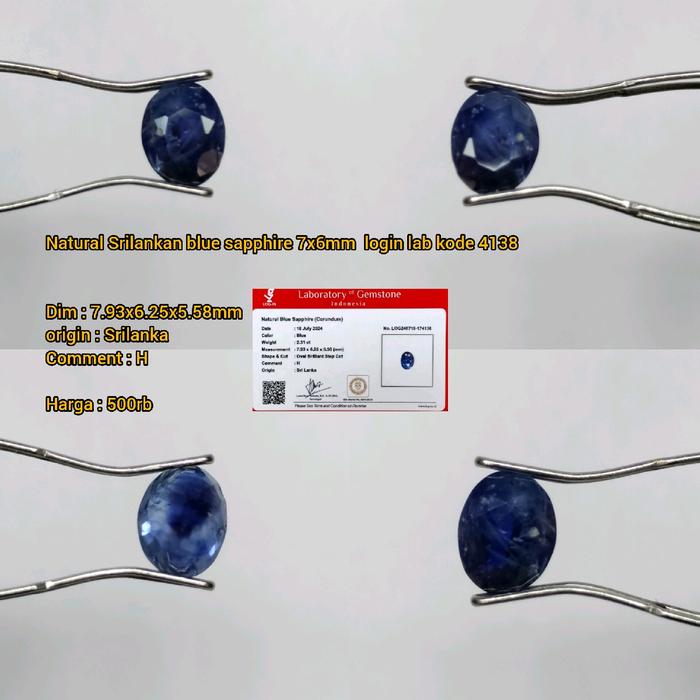 Natural Srilankan blue sapphire 7x6mm login lab kode 4138 Dim : 7.93x6.25x5.58mm origin : Srilank