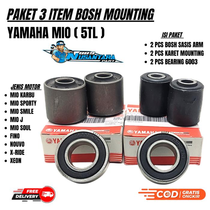 PAKET 3ITEM BOSH ARAM + BEARING 6003 + KARET MONTING MIO SPORTY / MIO SOUL / SMILE / MIO J / NOUVO /