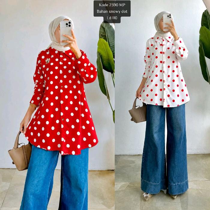 Baju Polkadot Merah & Putih Kode 2390 MP Bahan Snowy Dot 1d110 Wanita