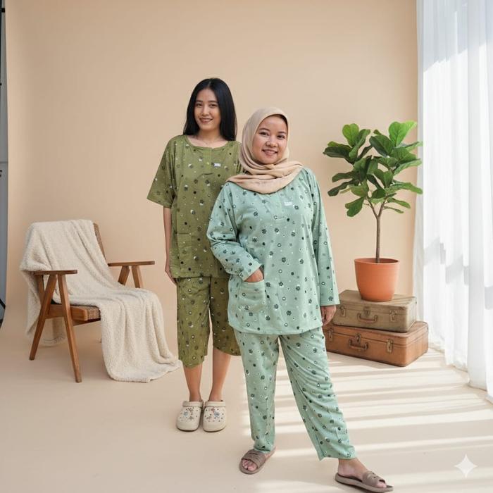 Setelan Babydoll Super Jumbo Baju Tidur Wanita LD 125 Motif Bunga Cantik Kancing Dua CP, PP, 3/4