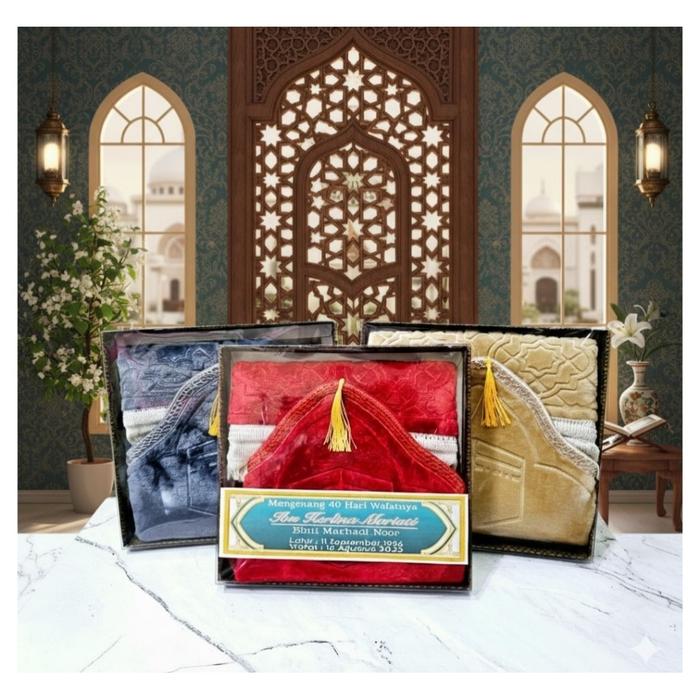 souvenir sajadah premium + box cantik ( free label stiker custom nama ) | paket tahlilan tidak pasar