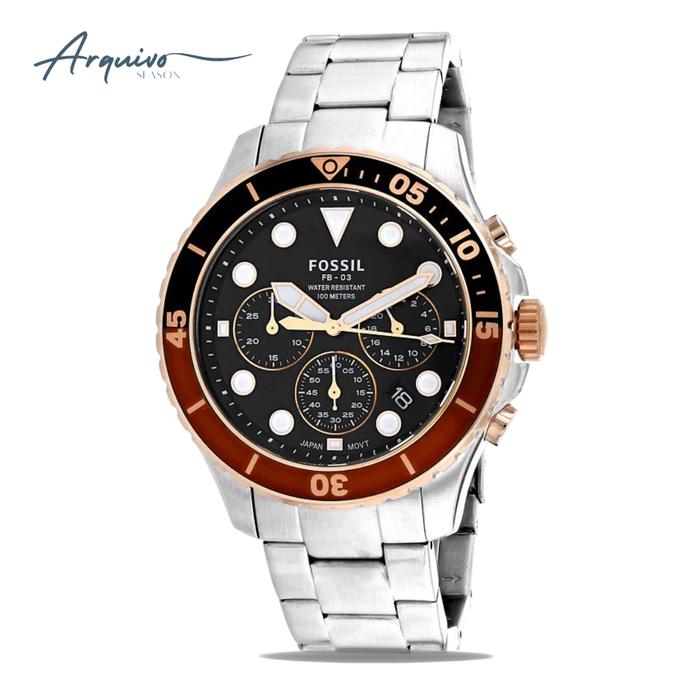 Jam Tangan Pria Fossil FB-03 Chronograph Men Black Dial Silver Stainless Steel Strap Mewah Sporty Or