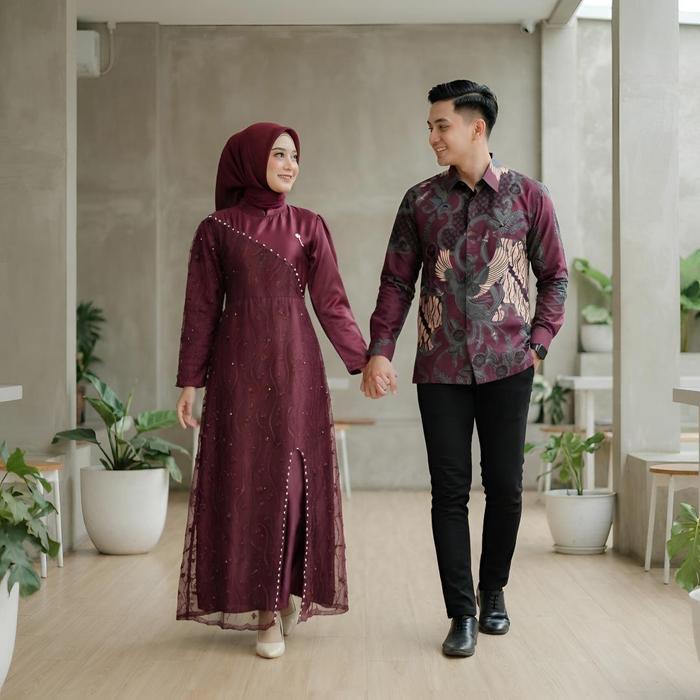 MISO BUTIK - PRODUK BARU Sarimbit Gamis HASNA Maxi | Dress Brukat Kemeja Batik Kondangan Lamaran Mew