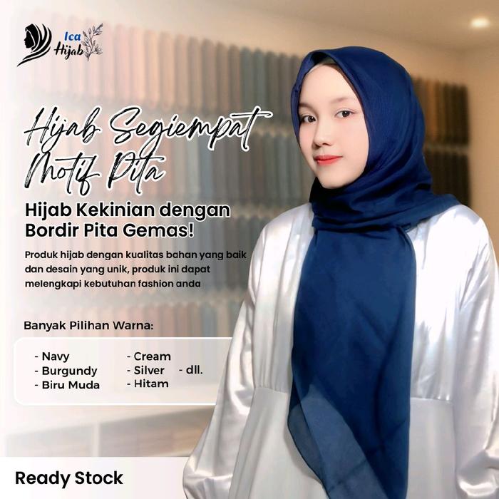 Hijab Segi Empat Paris Motif Pita Muslimah Nyaman Kerudung Wanita Santai Dewasa Instan COD