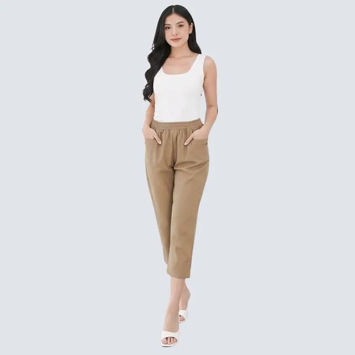 NAFIL - Celana Wanita Korea Twill Combed Stretch Panjang 7/8 dengan Karet Penuh dan Kancing Hitam Ku