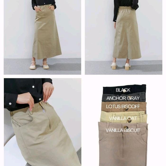A-LINE SKRIT Rok Panjang Wanita dengan Warna Hitam, Anchor Gray, Lotus Biscoff, Vanilla Oat, dan Van
