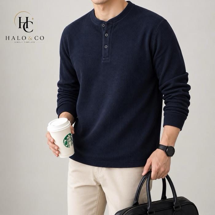 Baju Kaos Henley uniqlo knitwear Pria Waffle Knit Longsleeve Oversized / Fit Lengan Panjang Polo Kan