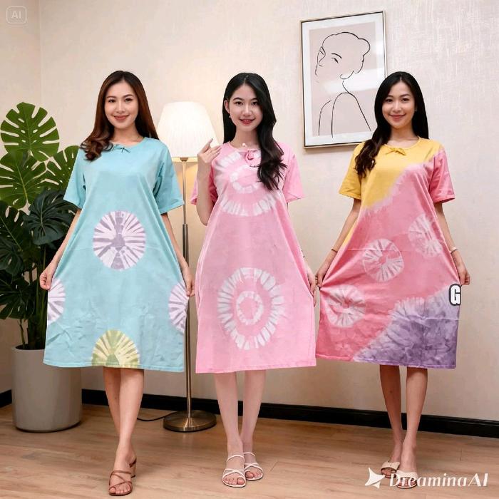 DreaminaAI Daster Kaos Tie Dye Lengan Pendek Leher Tali Kekinian Adem Nyaman untuk Wanita Tidur & Ha