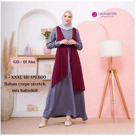 Terbaru Rauna Gamis Muslimah RGD 01 Crepe Stretch Mix Babydoll Premium