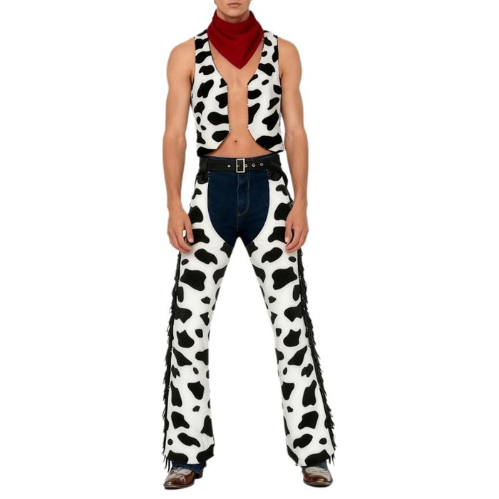 Mens Retro Western Cowboy Cosplay Costume Cow Print Flannel Vest Open Crotch Biking Riding Cowgirl C