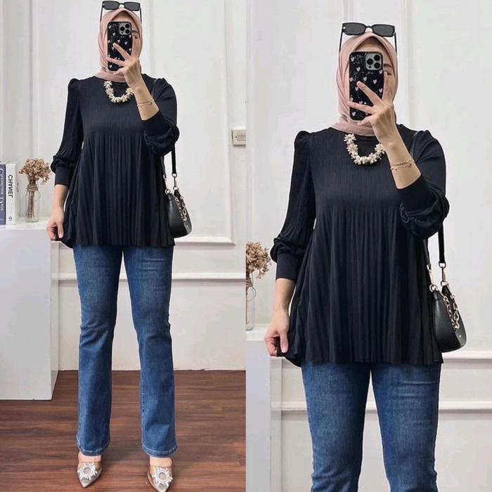 Atasan Plisket Wanita Polos Lengan Panjang/Blus  Wanita Kekinian Terlaris