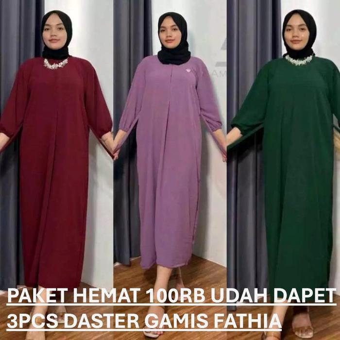 Paket Usaha 3 Pcs Gamis Daster Fathia Crinkle airflow Lengan Panjang Karet Ada Tali Busui Resleting