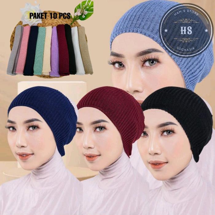 Grosir 10 Pcs Ciput Rajut 1 Warna Daleman Hijab Wanita Muslimah Inner Kerudung Dalaman Turki   Karet