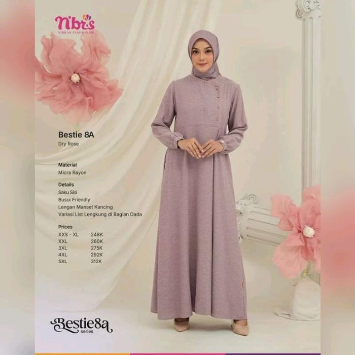 Gamis Nibras Terbaru Bestie 8A Warna Pink Dry Rose Bahan Micra Rayon Ringan Jatuh Baju Muslimah Cant