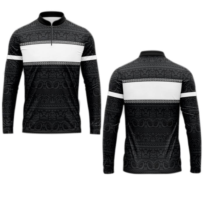 baju koko muslim pria hitam corak putih dewasa jersey motif full printing panjang dan pendek terbaru