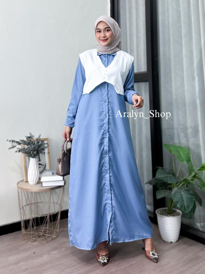 Gamis Yura Set 2in1 + Vest Rompi Bahan Tiffany Twill Kancing Aktif Friendly Busui - Muslim Wanita - 