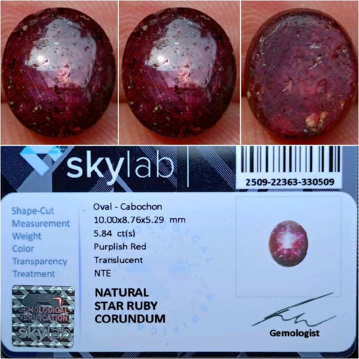 Natural Star Ruby Corundum NTE 5.84 Carats Purplish Red Memo SKYLAB