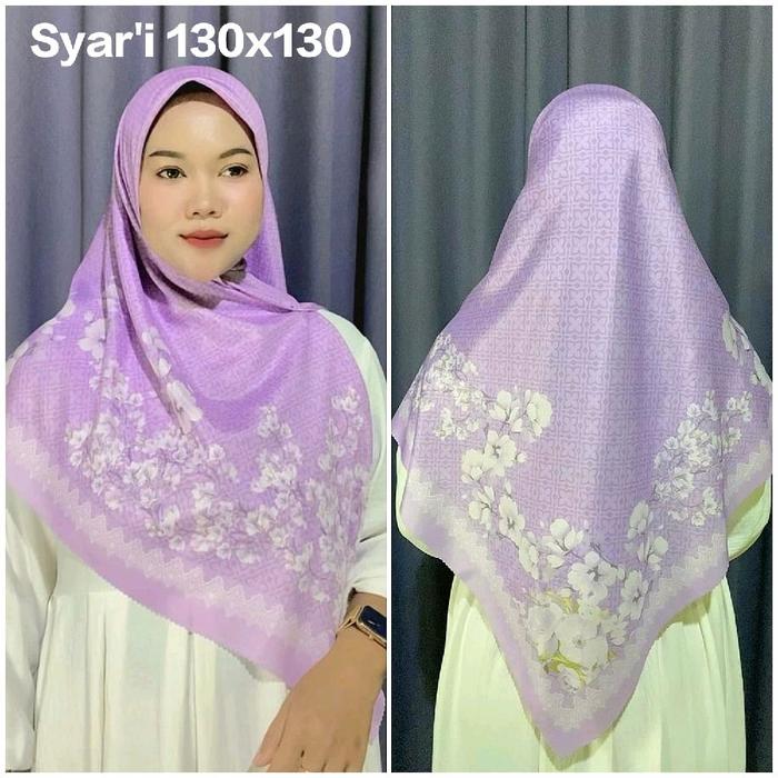 KERUDUNG SYAR'I JUMBO HIJAB SEGI EMPAT VOAL MOTIF BUNGA SHAFIA LILAC UK 130X130 SYARI