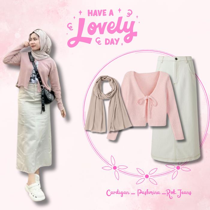 One Set 3in1 Cardigan - Pashmina -Rok Jeans Outfit OfThe Day Ootd Cewek Kue Simple BC44