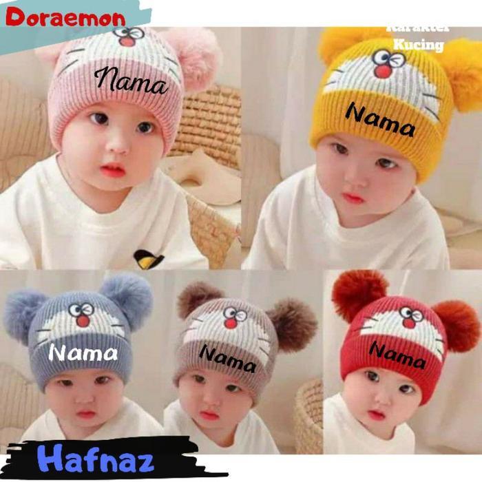 Topi Kupluk Bayi Doraemon 0-6 Bulan Free Bordir Nama Tanpa Po
