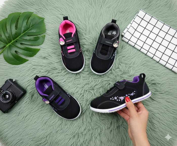 GALLETTI OKINAWA Sepatu Sekolah Anak Perempuan Motif Boneka Bahan Kanvas Anti Slip Ukuran 27-34 Warn