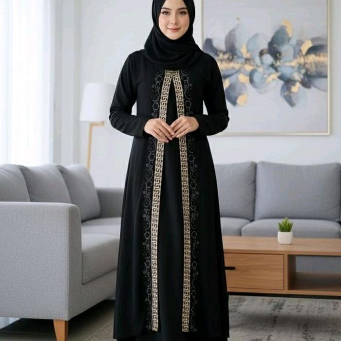 Gamis Abaya Bahan Jersi Kombinasi Sruti dengan Detail Bordir Elegan untuk Penampilan Mewah