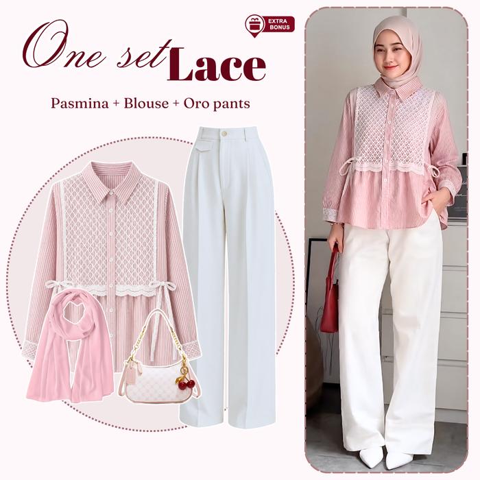 Oneset One set 3in1 setelan wanita blouse katun salur saluria garis mix brukat lace celana kantor or