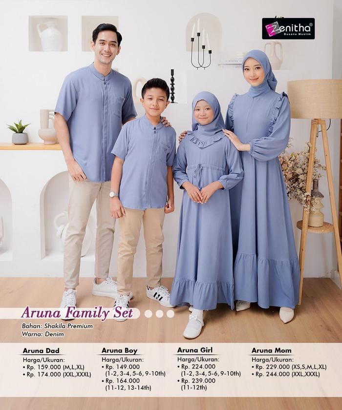 Zenitha - Aruna Denim/Caramel Sarimbit Keluarga Lebaran Couple Family Set Premium Baju Muslim Ruffle