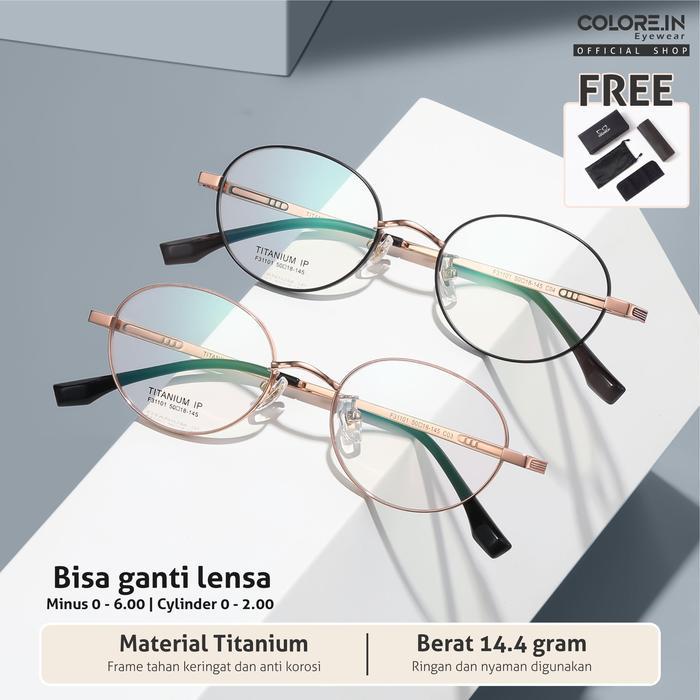 BEST Kacamata Minus Anti Blueray Photocromic Colore.in Oval Titanium Ringan F31101