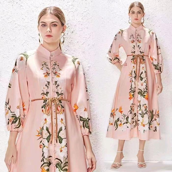 NEW Collection, Long Dress Zimmer Lengan Panjang Import Mewah Best Quality ala Korea Style Pink Flor