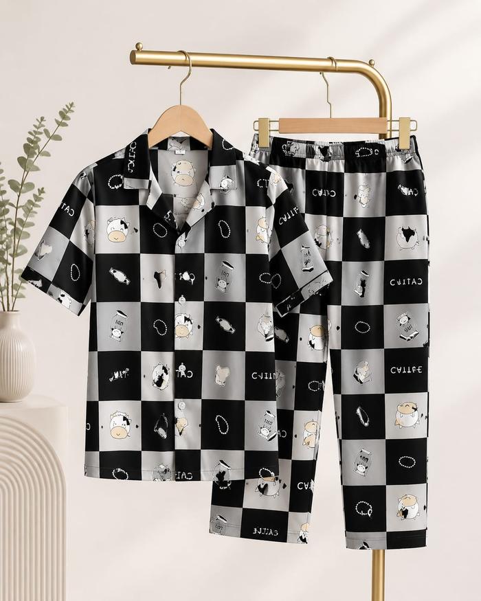 One Set Piyama Rayon 6-12 Tahun Motif Kotak Sapi | Katun Rayon Premium Adem | Lengan Pendek + Celana