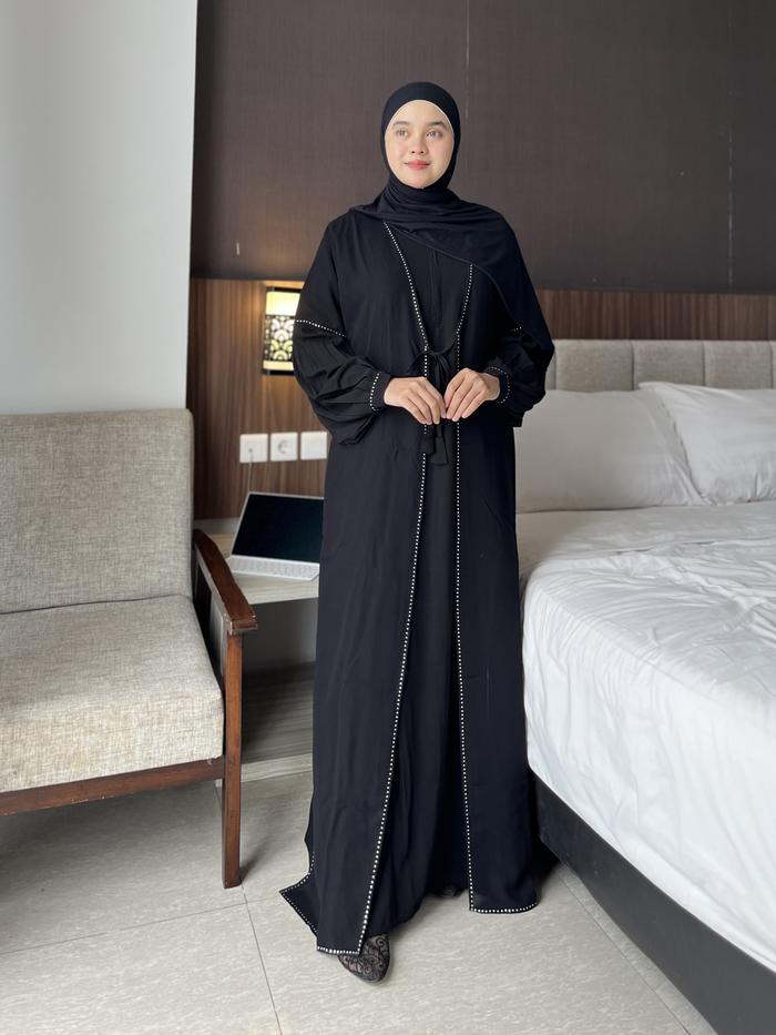 Rompi aladin Abaya Jetblack. balon cantik gamis  muslim Sifon Syari  Gold Tangan Kombinasi Dress Wan