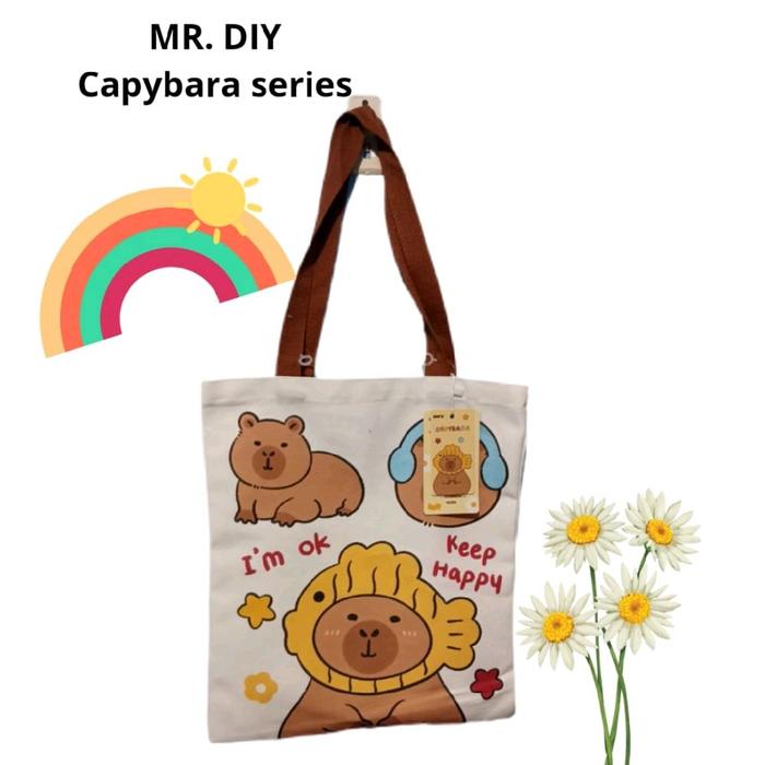 Tote Bag cute gambar motif karakter Capybara MR.DIY bahan Canvas tebal tidak mudah robek