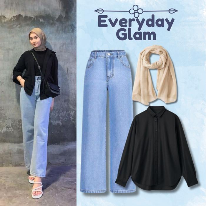 One Set Kemeja Polos Lengan Panjang - Celana Jeans Kulot Highwaist Loose Pants - Bella Square LP030 