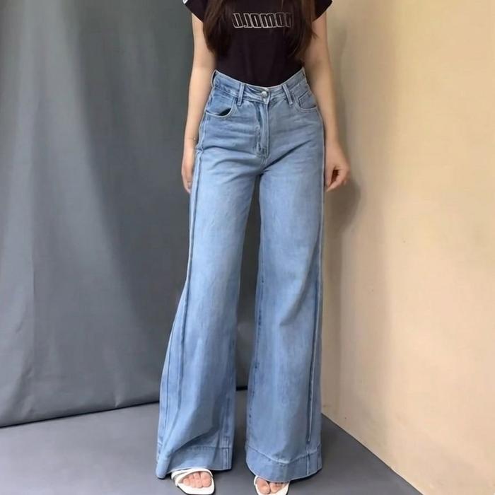 Highwaist Kulot Loose Celana Wide Leg Jeans Wanita Korea Style Baggy Retro Korean Biru Langit Denim