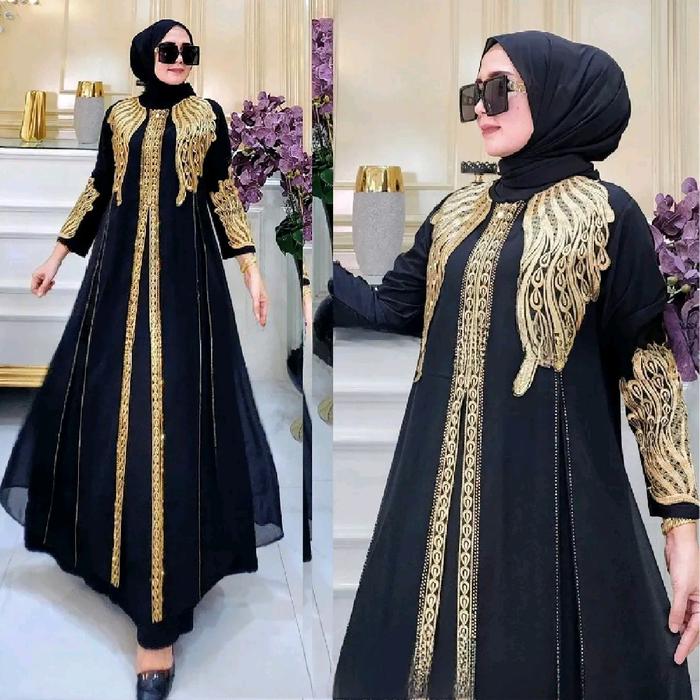 Gamis Turki Abaya Turkey Best Seller Warna Hitam Emas Series Black Gold Bahan Jersey Outfit Hari Ray