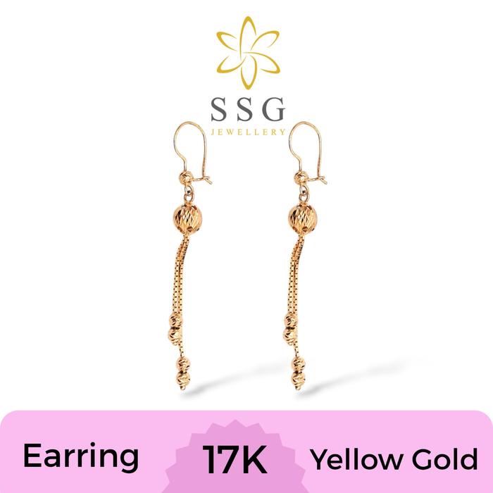 Anting Kait Panjang Model Bola - Bola Polosan Yellow Gold / Emas Kuning 17K - SSG JEWELLERY