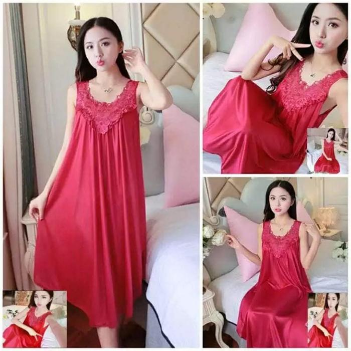 Daster Lingerie Happy Jumbo Tile Bunga Satin Wanita Panjang Dress Renda Gaun