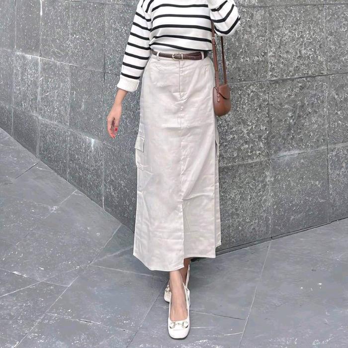 Rok cargo wanita Reguler Belah Depan bahan American Drill Non Stretch Tebal model kekinian Casual Ab