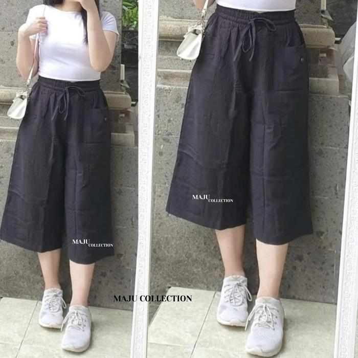 Celana Kulot 7/8 Kancing Bahan Linen Premium Kekinian Pinggang Karet Celana Wanita Kulot Linen Stand