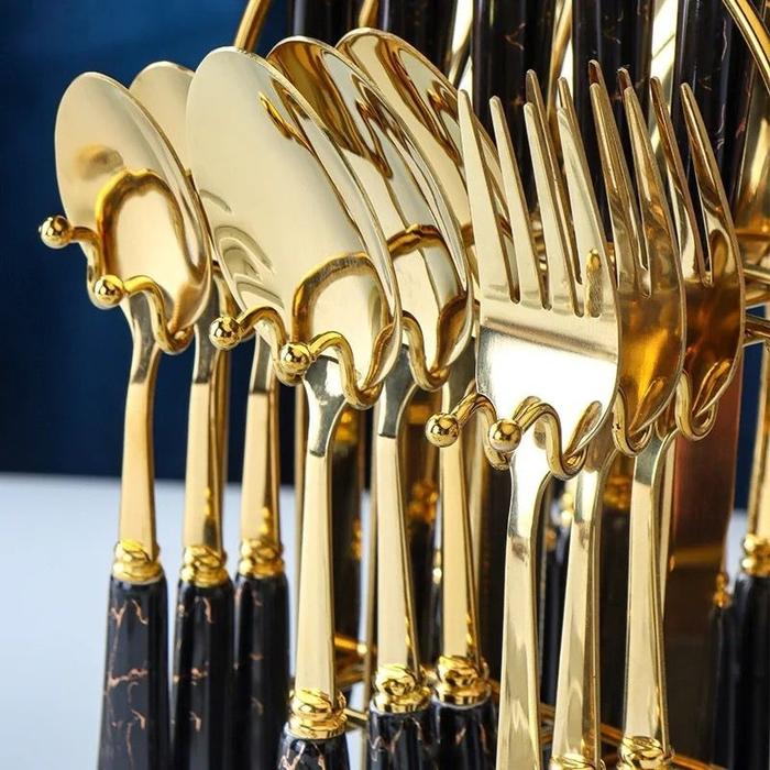 Sendok Sultan 24 Set Lengkap / Sendok Gold / Cutley Set / Stainless Steel / Sendok Set Marble / Rak 