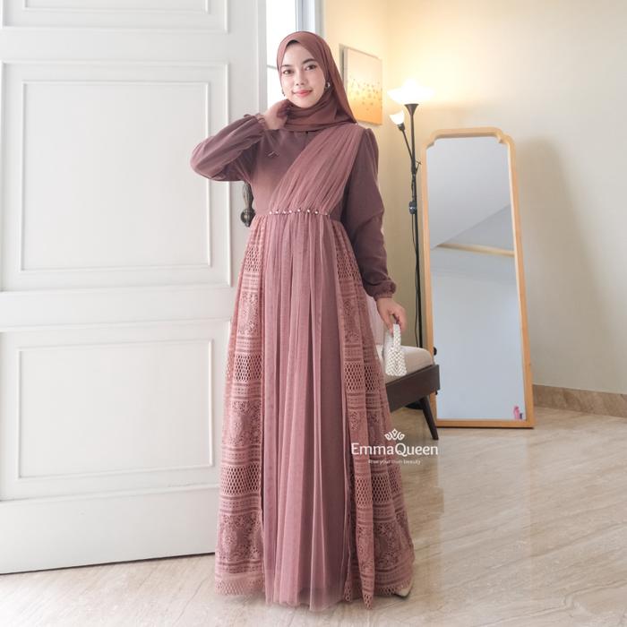 EmmaQueen - Dress Heidy gamis lebaran 2026 model gamis terbaru Kombinasi Tile Brukat mix Mutiara XS/