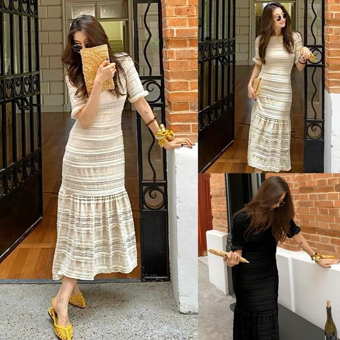 D1763 KHALEED KOREAN STYLE LACE BROCADE VINTAGE MIDI DRESS SIMPLE ELEGAN BODYCON PESTA KONDANGAN