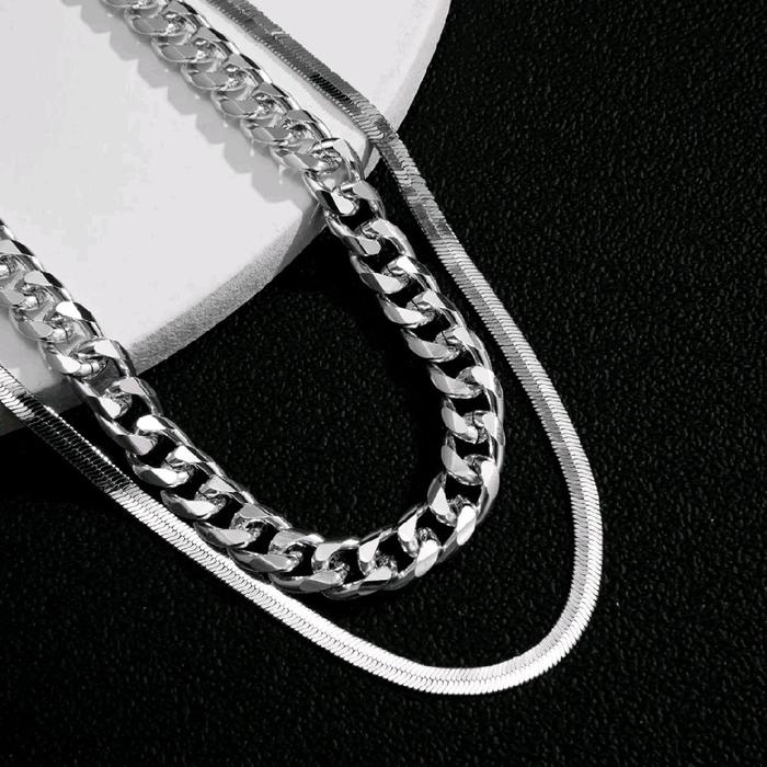 Kalung Titanium Rantai 5mm dan Pipih Silver Pria dan Wanita Terbaru Anti Karat Termurah