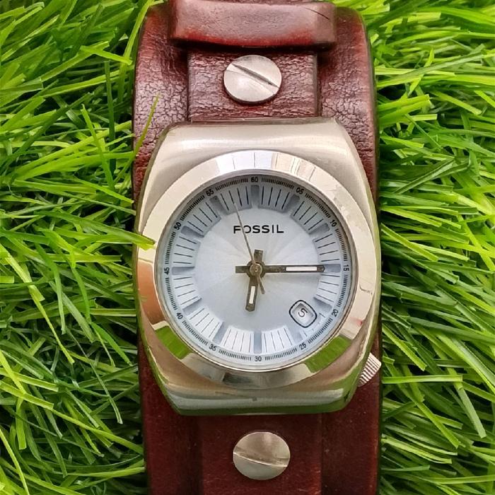fossil vintage mini gaban silver tone with brown leather | jam tangan wanita rare