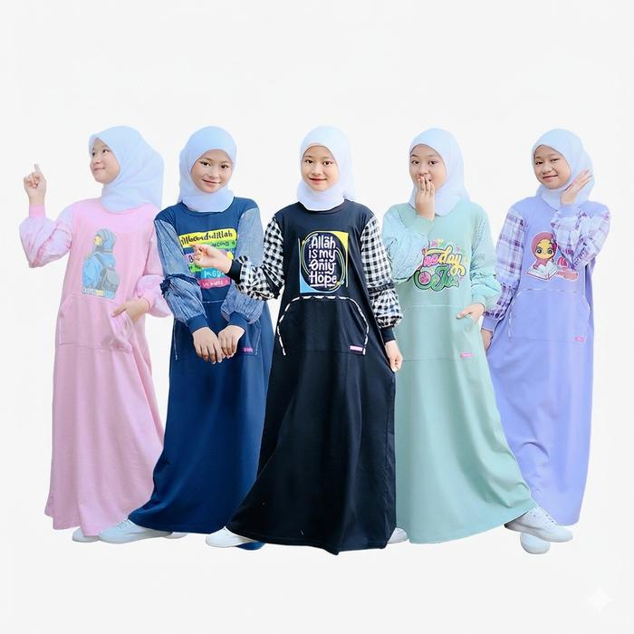 SHIBAKIDS Zhafira Series Gamis Anak Perempuan Bahan Kaos Katun Jepang Motif Syari Size S-XXXXL Sablo