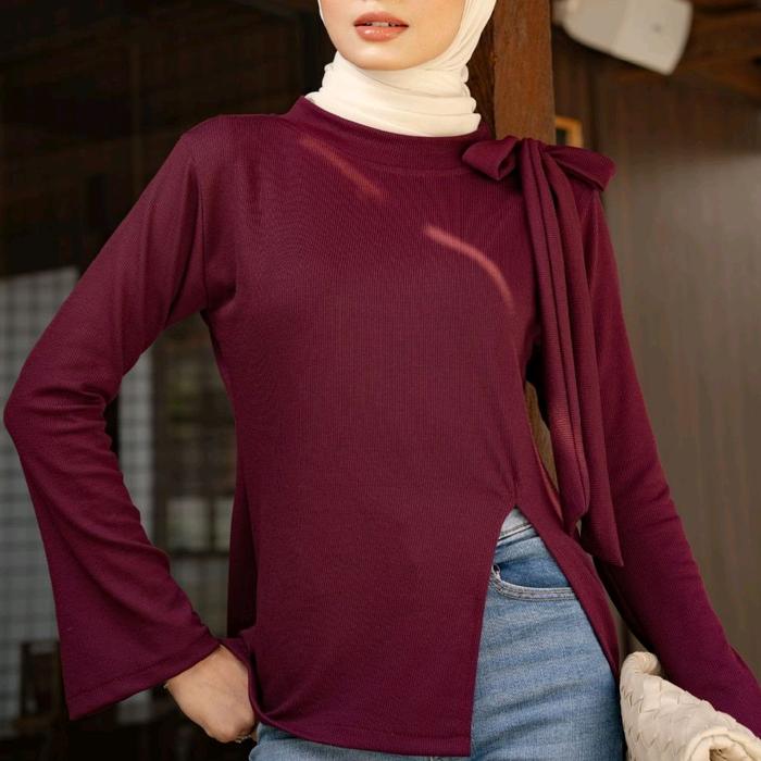 Adera Top Blouse Ribbon Side Slit Knit Rib Impor