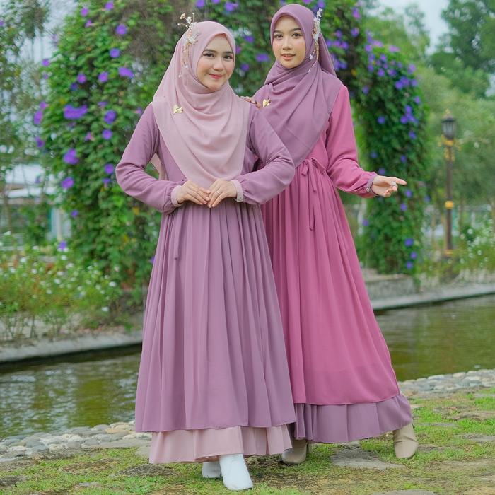 Alisha set Dress Gamis Syari Polos Furing Wanita Muslim Dewasa Pesta kondangan Daily