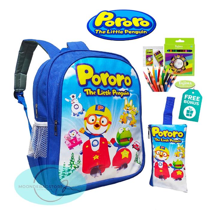 TAS RANSEL ANAK SEKOLAH TK/SD KARAKTER PORORO FREE TEMPAT PENSIL (POUNCH + PENSIL WARNA)